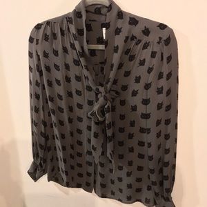 Milly of New York Tie Neck Cat Pattern Blouse